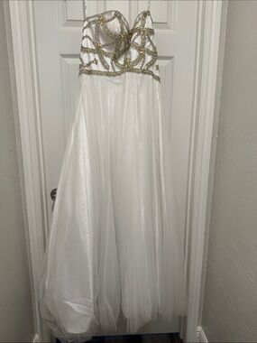 Party Time Formals White Strapless Prom Dress with Gold Beading